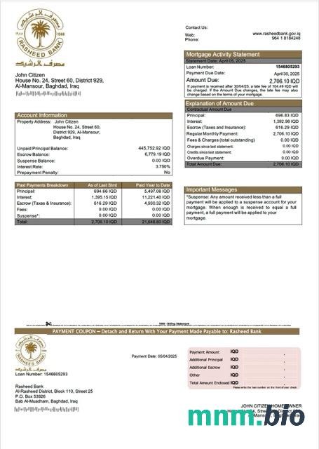 Irak Bank Rasheed wyciąg z kredytu hipotecznego szablon Word i PDF